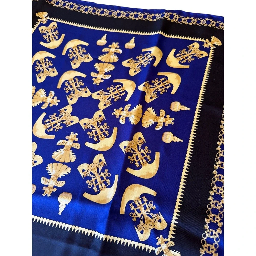 The British Museum‎ Scarf Blue Gold Silk Artifact Print Square Hand Rolled Edge